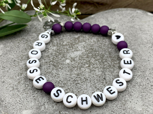 Armband Grosse Schwester Purple Acryl - Geschenk kleine Schwester kleiner Bruder Kinderarmaband mit Namen - Wunschfarbe personalisierbar