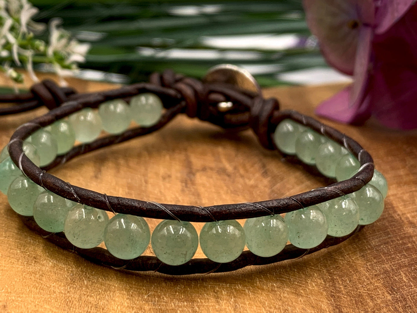Wickelarmband Aventurin echter Naturstein und Leder - Perlenarmband gewickelt -  Geschenk Mama Geburtstag Freundin - Wunschedelstein