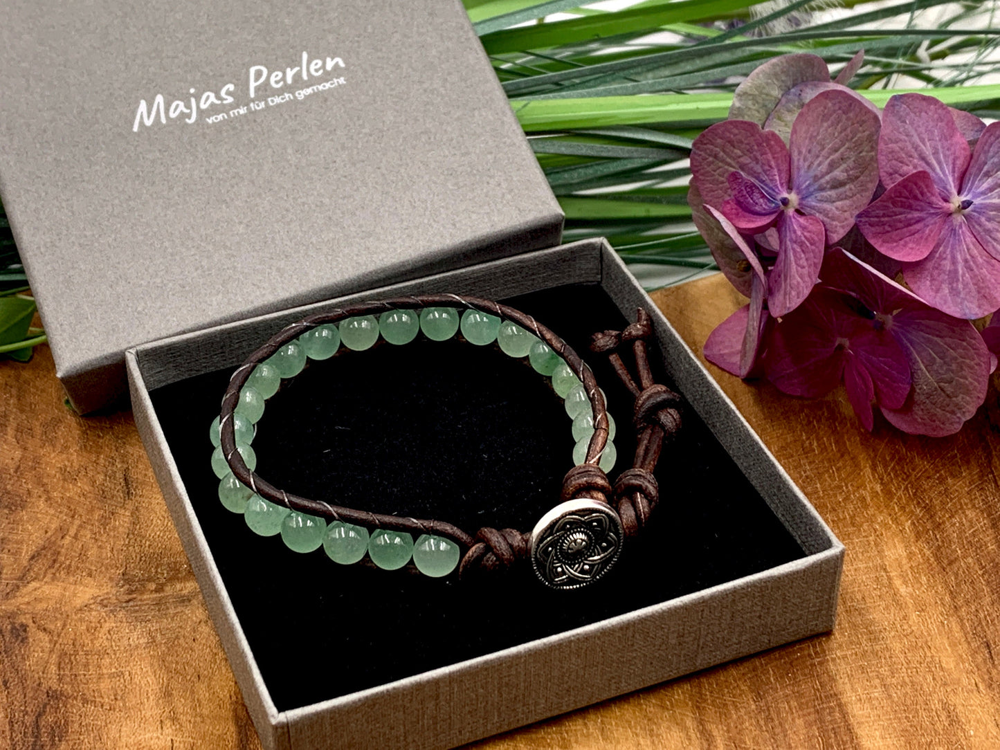 Wickelarmband Aventurin echter Naturstein und Leder - Perlenarmband gewickelt -  Geschenk Mama Geburtstag Freundin - Wunschedelstein
