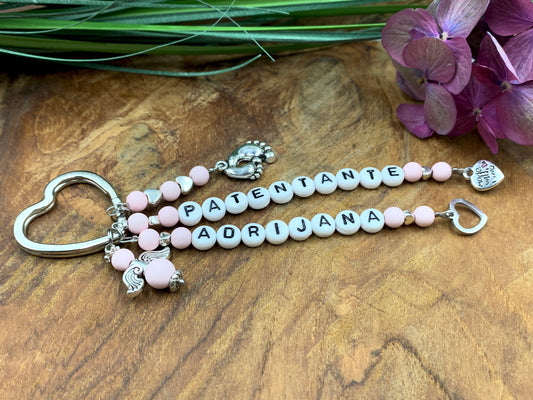Schlüsselanhänger Patentante Rosa - Geschenk Frage Patenschaft Taufgeschenk - Viele Farben - Edelsteine möglich - personalisierbar
