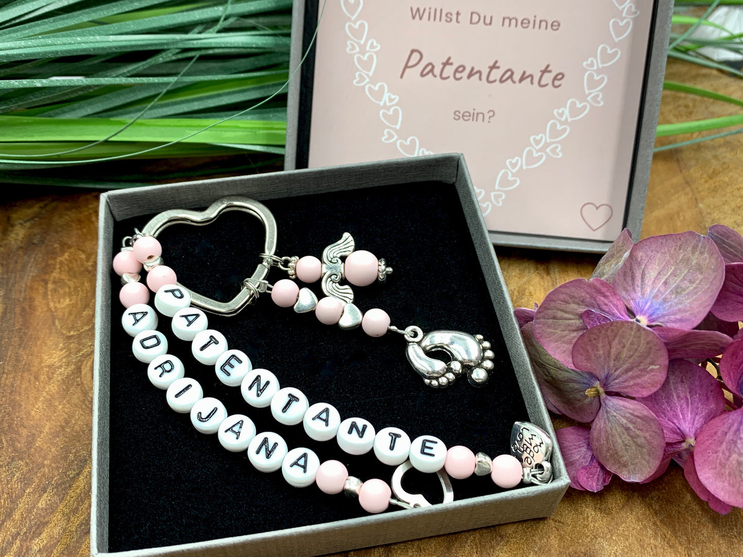 Schlüsselanhänger Patentante Rosa - Geschenk Frage Patenschaft Taufgeschenk - Viele Farben - Edelsteine möglich - personalisierbar