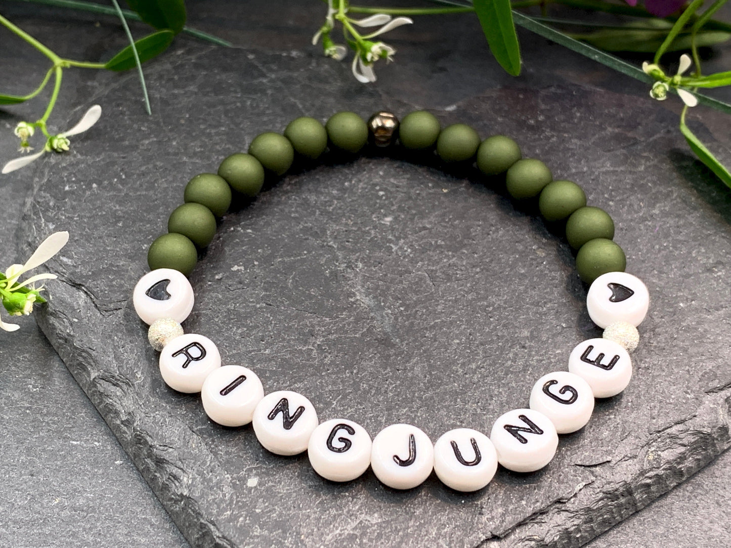 Armband Ringjunge Acryl Oliv - Perlen 6 mm - Geschenk Ringkind Ringmädchen- rund um Hochzeit - viele Farben - alle Größen - handmade