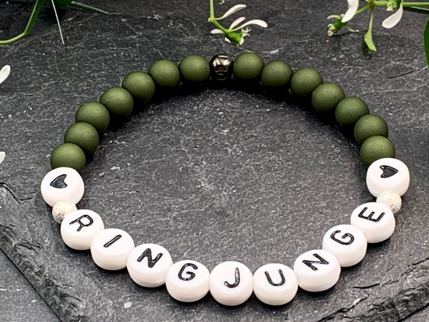 Armband Ringjunge Acryl Oliv - Perlen 6 mm - Geschenk Ringkind Ringmädchen- rund um Hochzeit - viele Farben - alle Größen - handmade