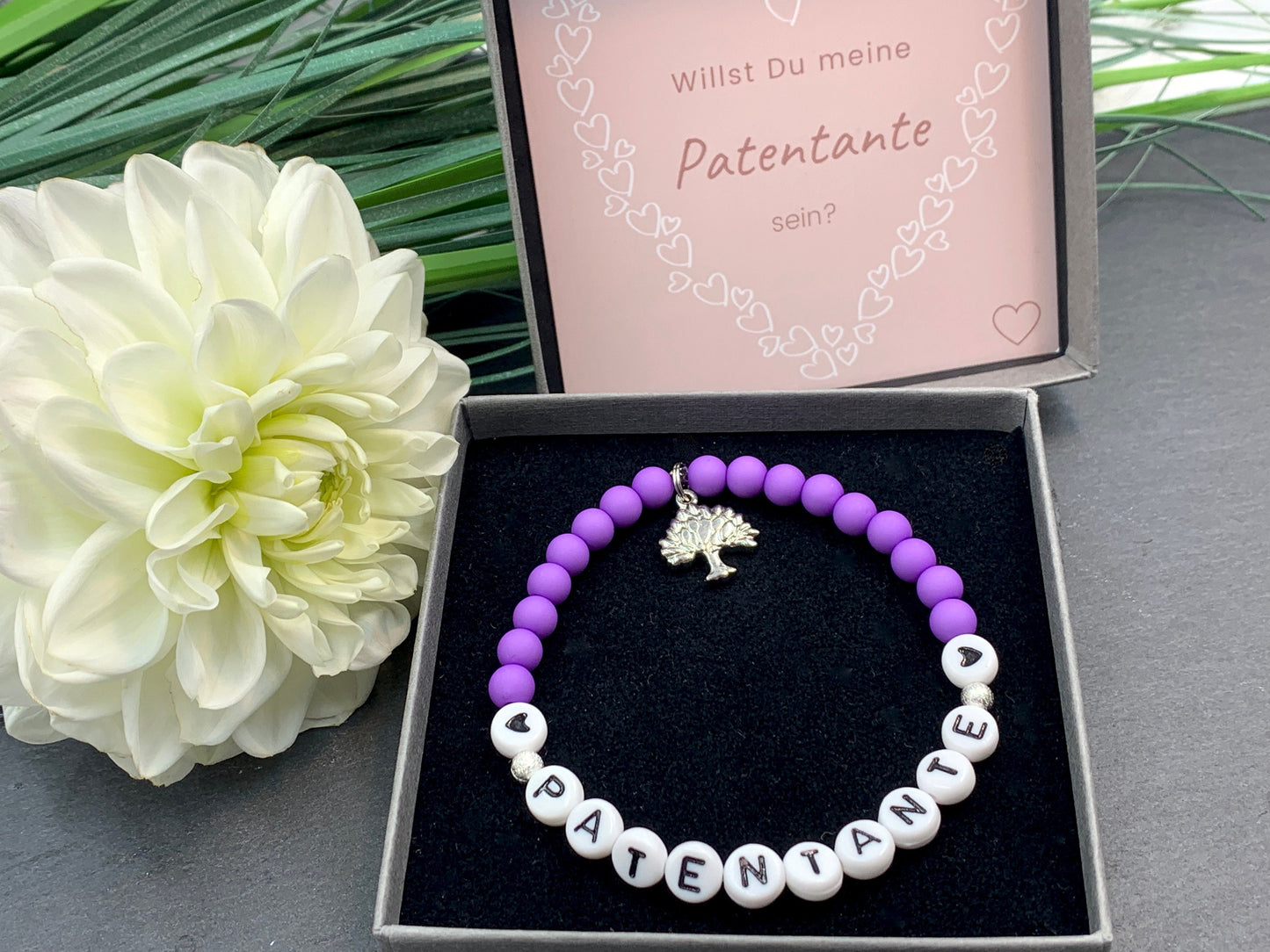 Perlenarmband Patentante Violett Acryl - Geschenk Patin Taufe Patenschaft Taufgeschenk Erinnerung Patenschaft - personalisierbar