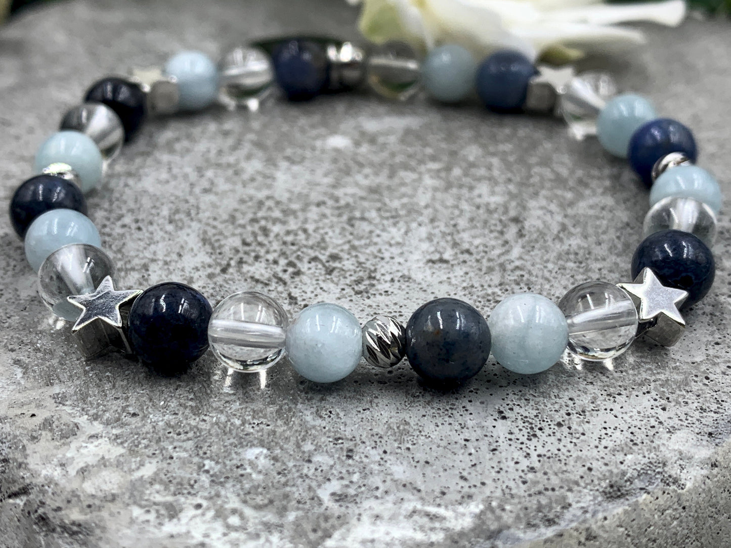 Armband Mix Bergkristall Dumortierit Aquamarin - echt platinierte Sterne & Perlen - Perlenarmband Stress Abbau Kommunikation Wohlbefinden