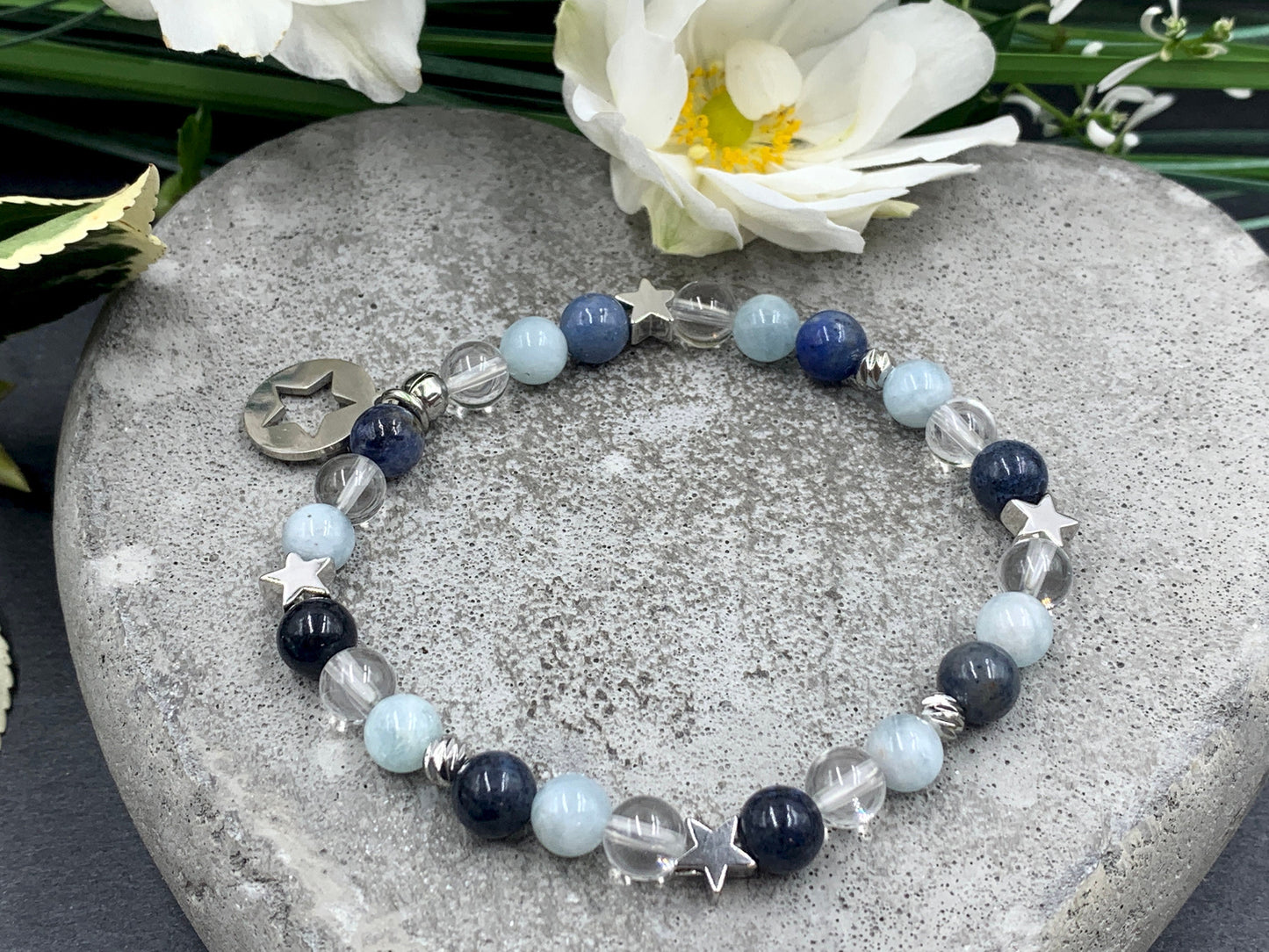 Armband Mix Bergkristall Dumortierit Aquamarin - echt platinierte Sterne & Perlen - Perlenarmband Stress Abbau Kommunikation Wohlbefinden