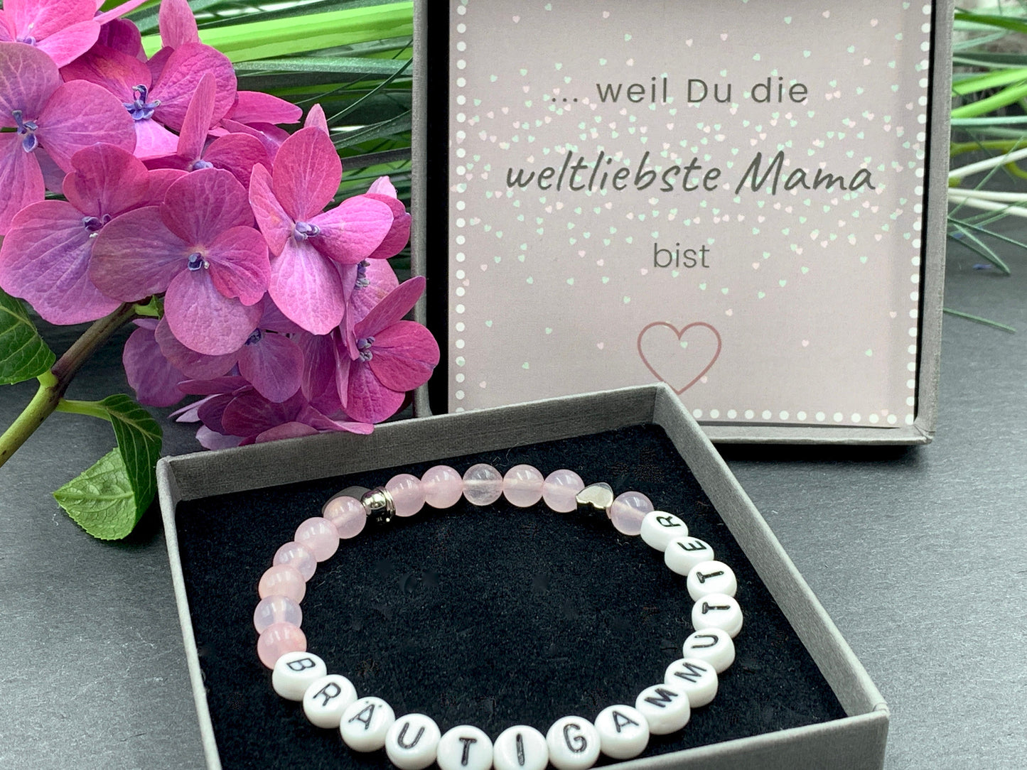 Armband Bräutigammutter Rosenquarz - Herz Platiniert - Perlenarmband für Mutter des Bräutigam Brautmama Hochzeit - personalisierbar