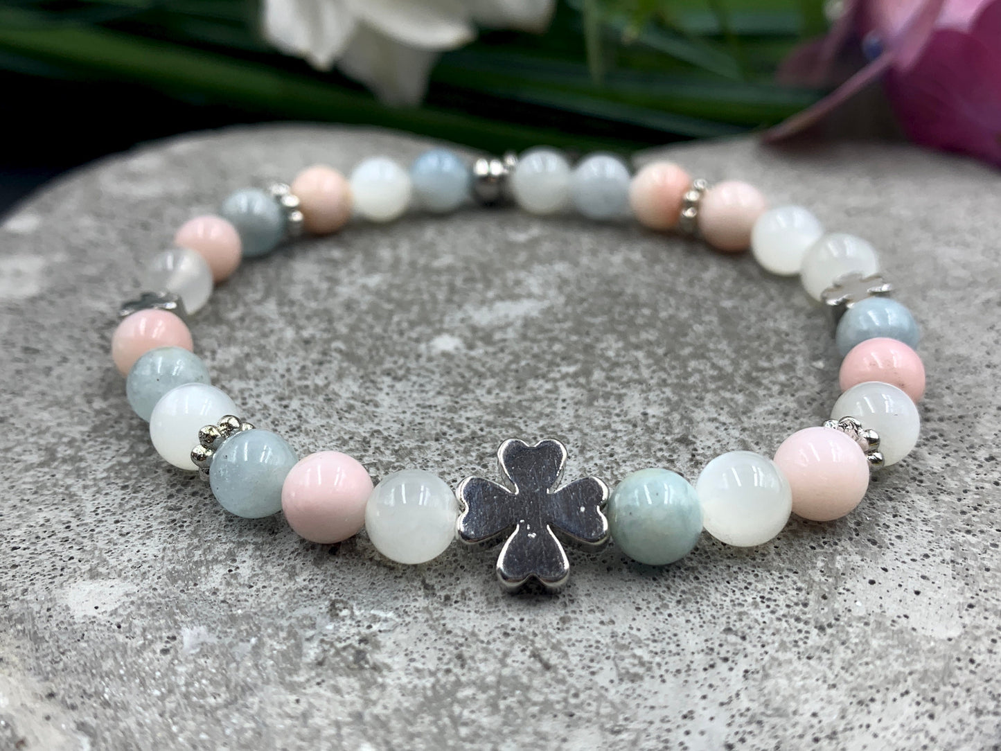 Glücksarmband Mix Mondstein Aquamarin Opal rosa Perlen echt platiniert - Perlenarmband emotionale Balance Klarheit Kreativität Liebe