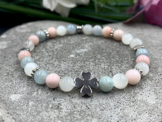 Glücksarmband Mix Mondstein Aquamarin Opal rosa Perlen echt platiniert - Perlenarmband emotionale Balance Klarheit Kreativität Liebe