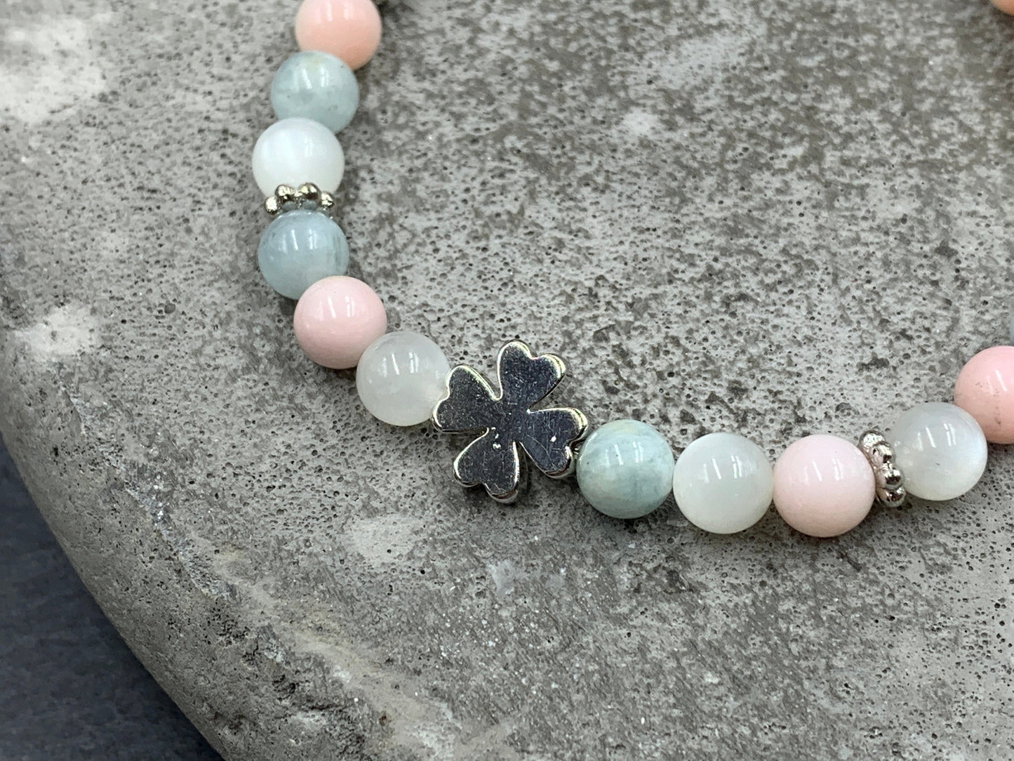 Glücksarmband Mix Mondstein Aquamarin Opal rosa Perlen echt platiniert - Perlenarmband emotionale Balance Klarheit Kreativität Liebe