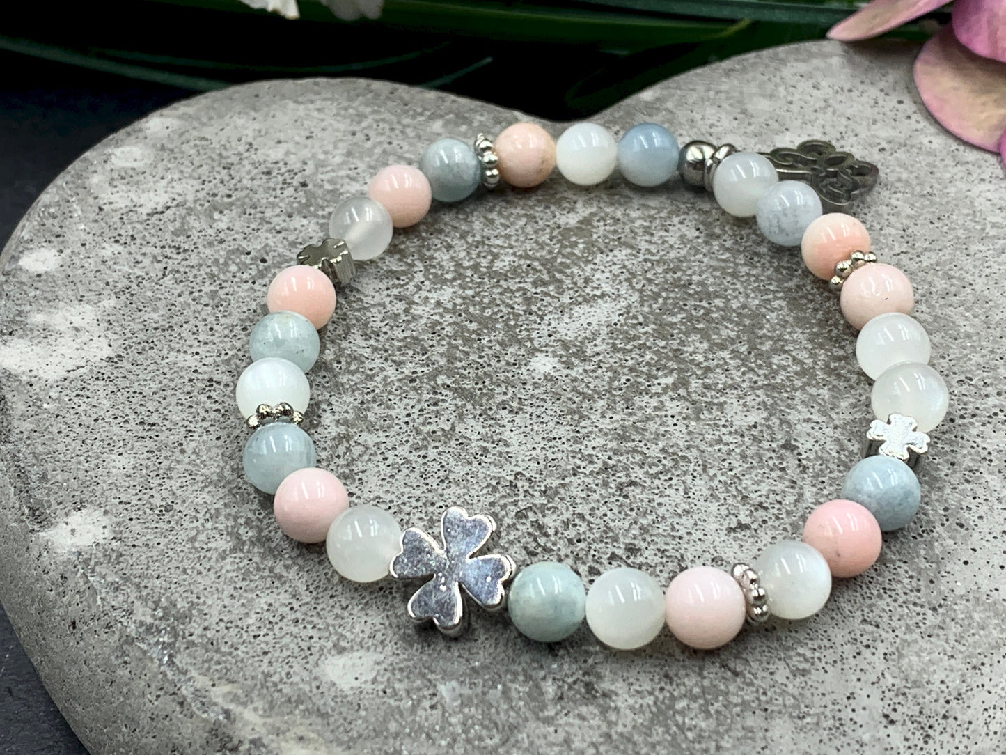 Glücksarmband Mix Mondstein Aquamarin Opal rosa Perlen echt platiniert - Perlenarmband emotionale Balance Klarheit Kreativität Liebe