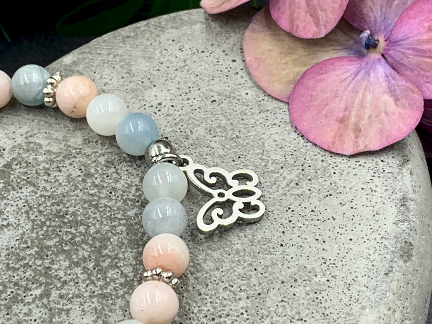 Glücksarmband Mix Mondstein Aquamarin Opal rosa Perlen echt platiniert - Perlenarmband emotionale Balance Klarheit Kreativität Liebe