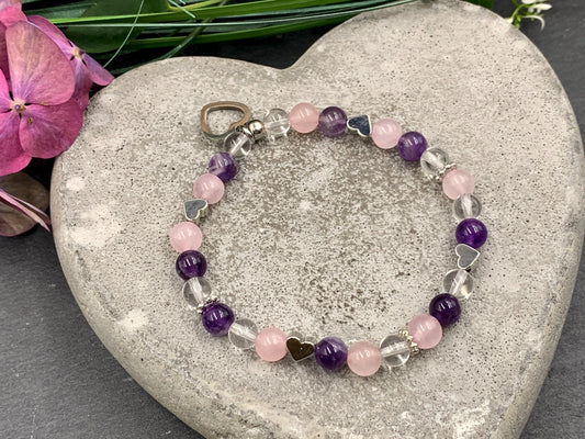 Armband Mix Amethyst Bergkristall Rosenquarz mit Herzen echt platiniert - spirituelles Armband Innere Ruhe Herzchakra Liebe Energie