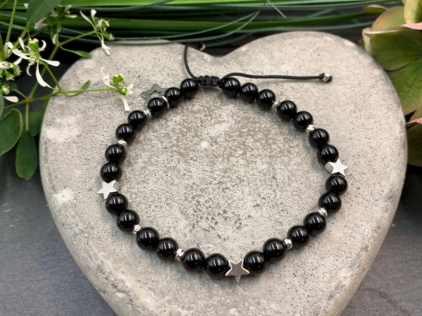 Armband schwarzer Achat Makramee Sterne Facettenperlen echt Platiniert - Glücksarmband Lieblingsmensch - Edelstein wählbar personalisierbar
