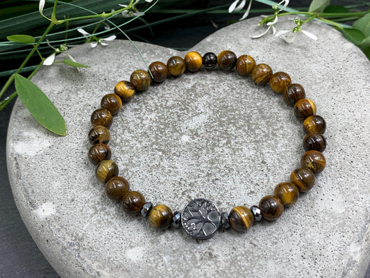 Perlenarmband Tigerauge Lebensbaum Hämatit Dunkelsilber - Gunmetal Roségold Silber - spirituelles Armband Wachstum Ganzheit Erdung