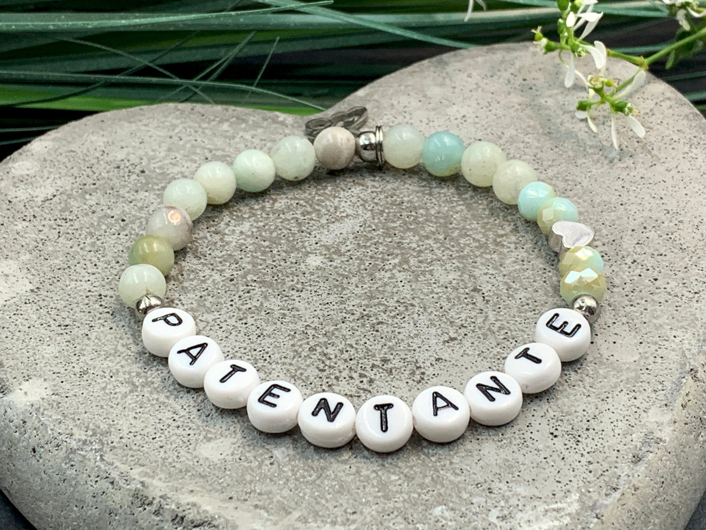 Armband Patentante Amazonit Herzperle platiniert 925 Silber - Frage Patenschaft Andenken an Taufe Taufgeschenk - Wunschedelstein