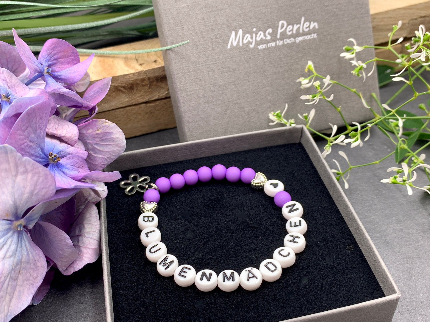 Armband Blumenmädchen Flieder - Acrylperlen 6 mm - Geschenk Blumenkind Blumenjunge - Kinder und Hochzeit- Wunschfarbe - personalisierbar