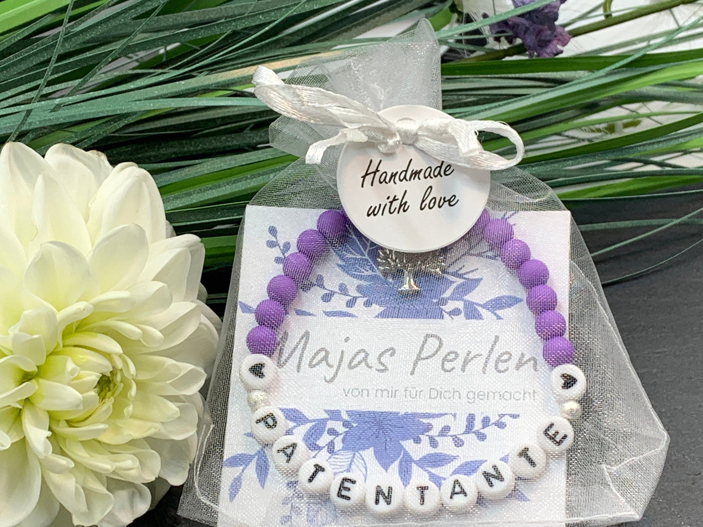 Perlenarmband Patentante Violett Acryl - Geschenk Patin Taufe Patenschaft Taufgeschenk Erinnerung Patenschaft - personalisierbar