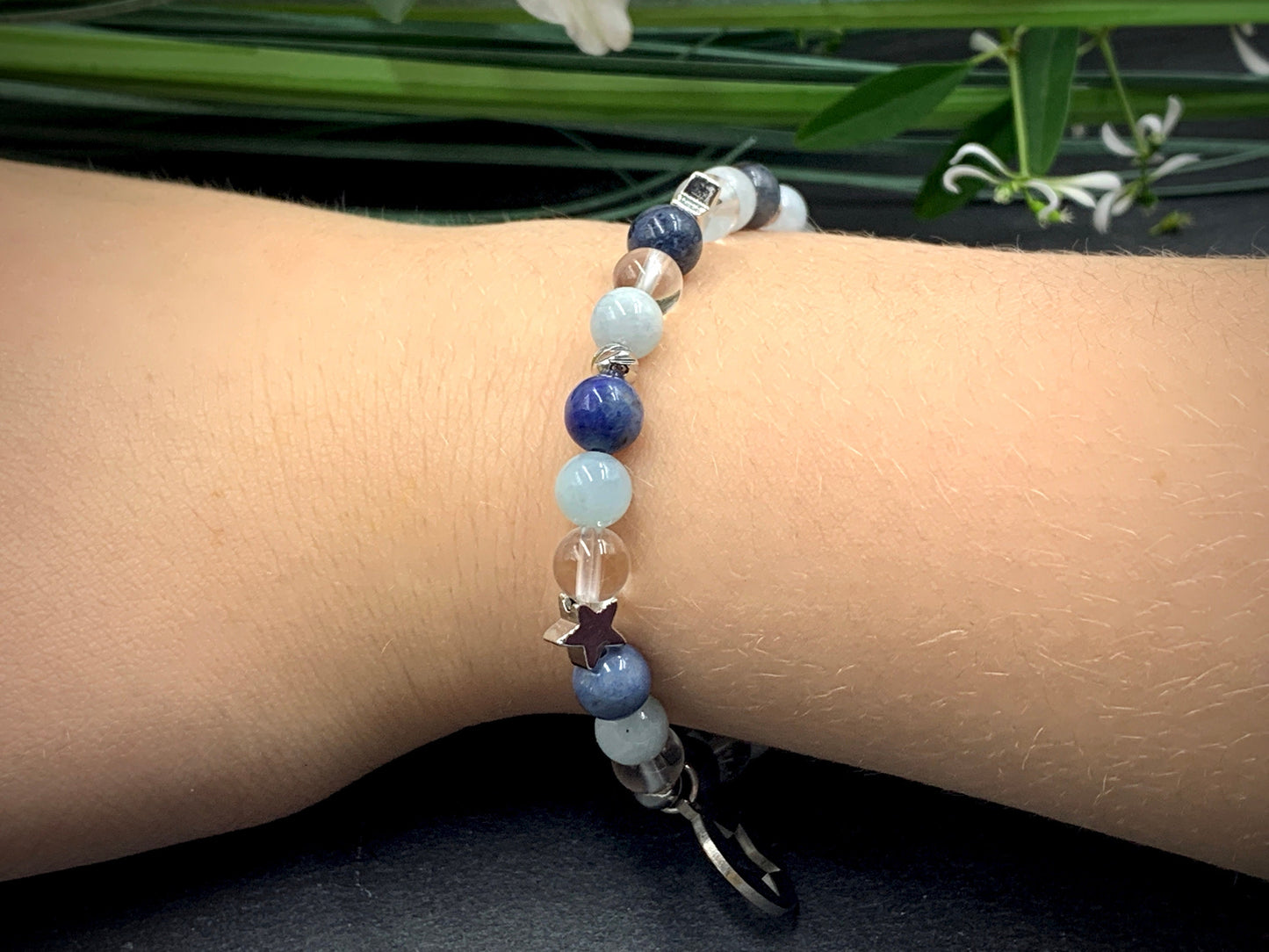 Armband Mix Bergkristall Dumortierit Aquamarin - echt platinierte Sterne & Perlen - Perlenarmband Stress Abbau Kommunikation Wohlbefinden