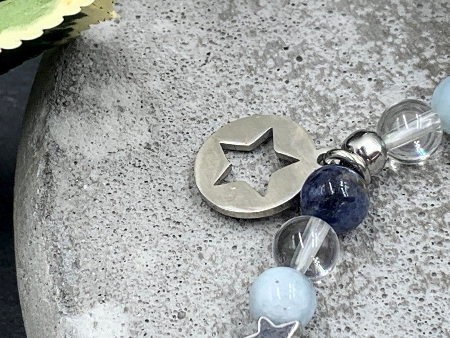 Armband Mix Bergkristall Dumortierit Aquamarin - echt platinierte Sterne & Perlen - Perlenarmband Stress Abbau Kommunikation Wohlbefinden