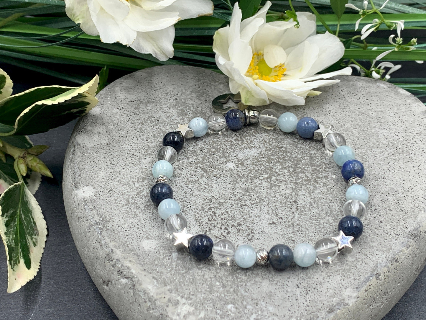 Armband Mix Bergkristall Dumortierit Aquamarin - echt platinierte Sterne & Perlen - Perlenarmband Stress Abbau Kommunikation Wohlbefinden