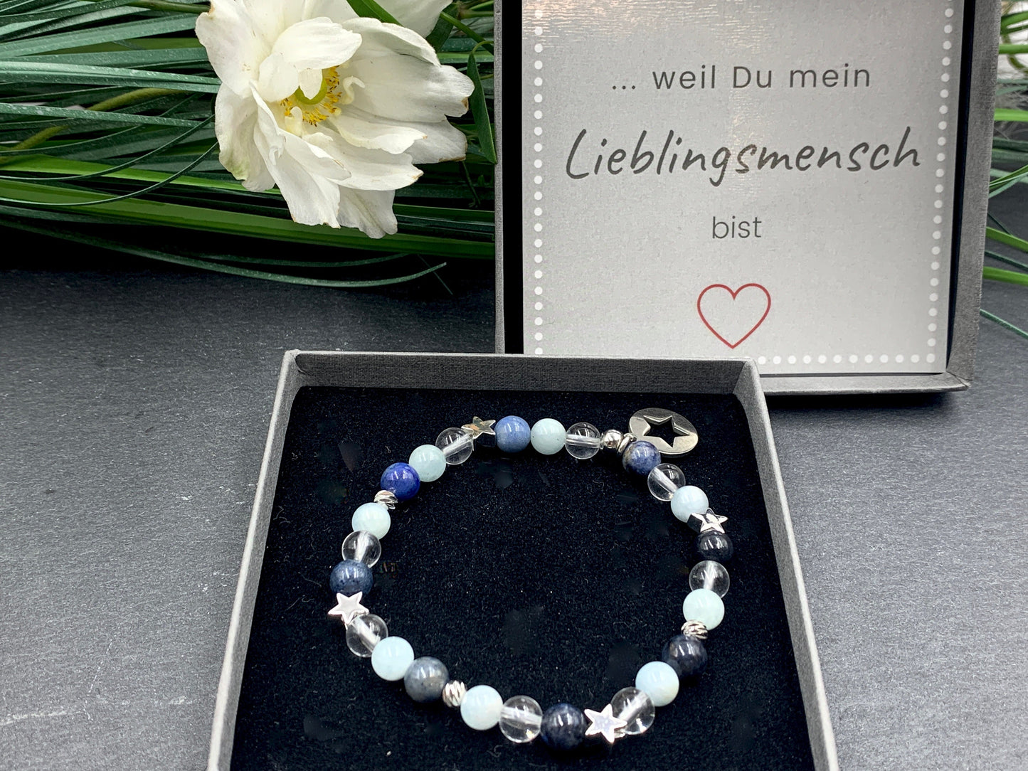 Armband Mix Bergkristall Dumortierit Aquamarin - echt platinierte Sterne & Perlen - Perlenarmband Stress Abbau Kommunikation Wohlbefinden