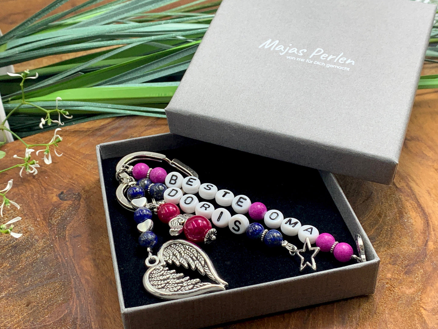 Schlüsselanhänger Beste Oma und Name Edelsteine echt wählbar -  Geschenk für Oma zur Geburt Enkelkind - personalisierbar