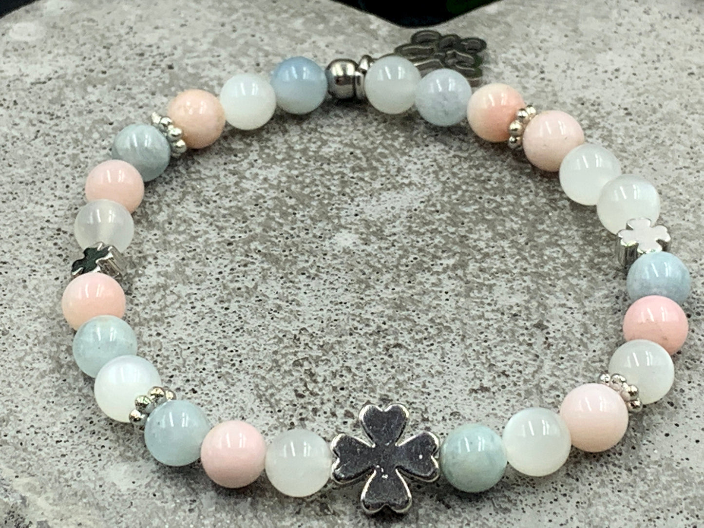 Glücksarmband Mix Mondstein Aquamarin Opal rosa Perlen echt platiniert - Perlenarmband emotionale Balance Klarheit Kreativität Liebe