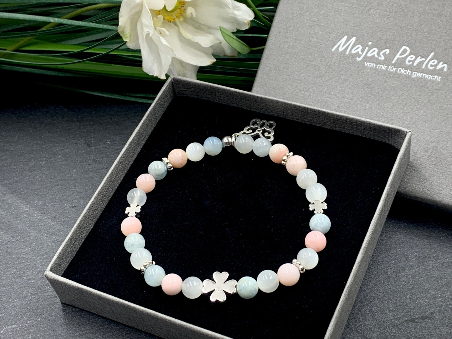 Glücksarmband Mix Mondstein Aquamarin Opal rosa Perlen echt platiniert - Perlenarmband emotionale Balance Klarheit Kreativität Liebe