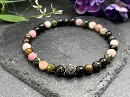 Perlenarmband Turmalin Wassermelone echter Naturstein mit Herz DQ - Silber Gold Roségold Gunmetal - spirituelles Armband - Schutzstein