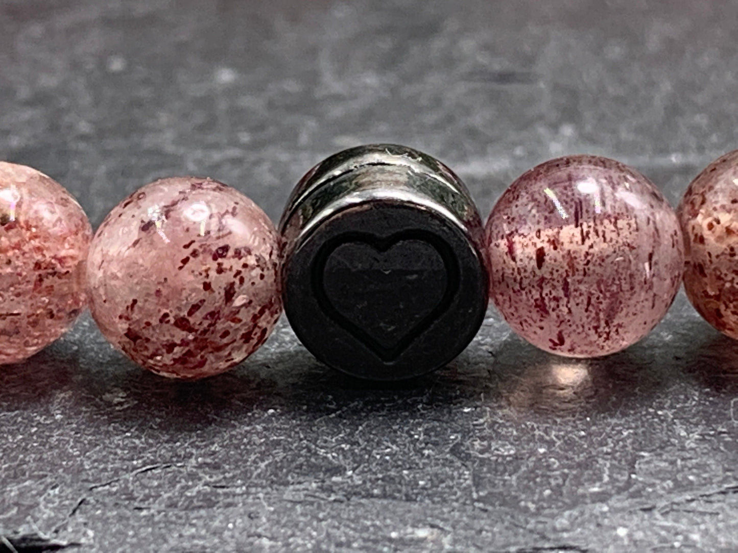Armband Erdbeerquarz echter Naturstein mit Herz DQ - Silber Gold Roségold Gunmetal - spirituelles Armband - Geschenk Liebe Glück Freundin