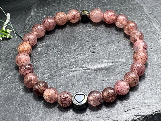 Armband Erdbeerquarz echter Naturstein mit Herz DQ - Silber Gold Roségold Gunmetal - spirituelles Armband - Geschenk Liebe Glück Freundin