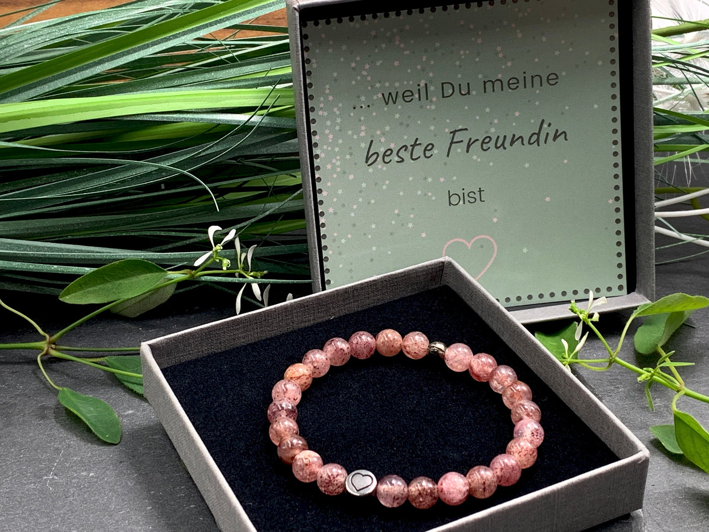 Armband Erdbeerquarz echter Naturstein mit Herz DQ - Silber Gold Roségold Gunmetal - spirituelles Armband - Geschenk Liebe Glück Freundin