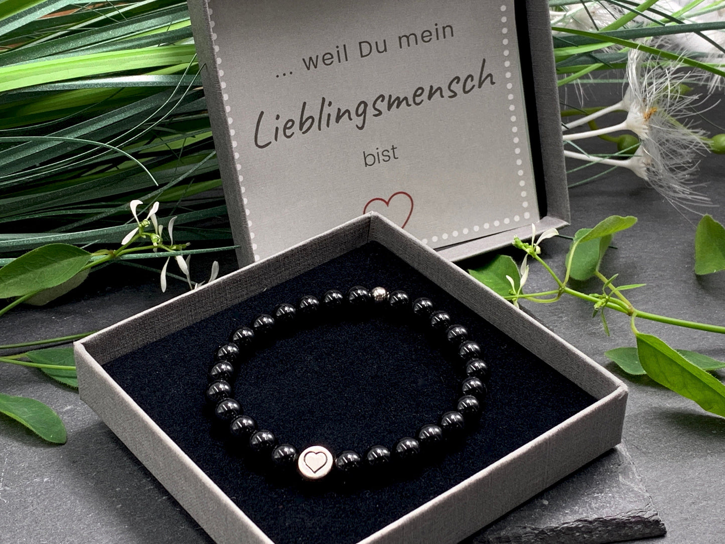 Armband Turmalin echter Naturstein mit Herz DQ - Silber Gold Roségold Gunmetal - spirituelles Armband - starker Schutzstein
