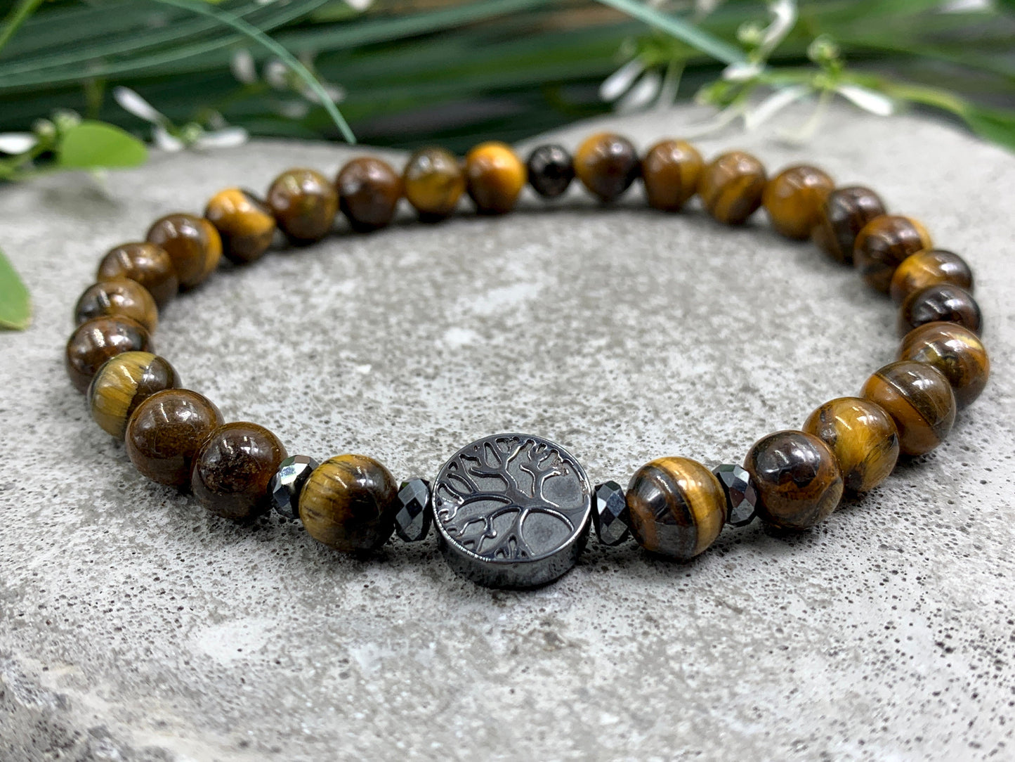 Perlenarmband Tigerauge Lebensbaum Hämatit Dunkelsilber - Gunmetal Roségold Silber - spirituelles Armband Wachstum Ganzheit Erdung