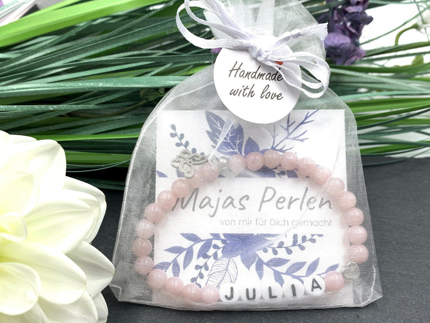 Armband mit Namen Achat altrosa Herz Platiniert -  Geschenk Geburt Andenken Freundschaft Kinderarmband Mama personalisierbar Wunschedelstein