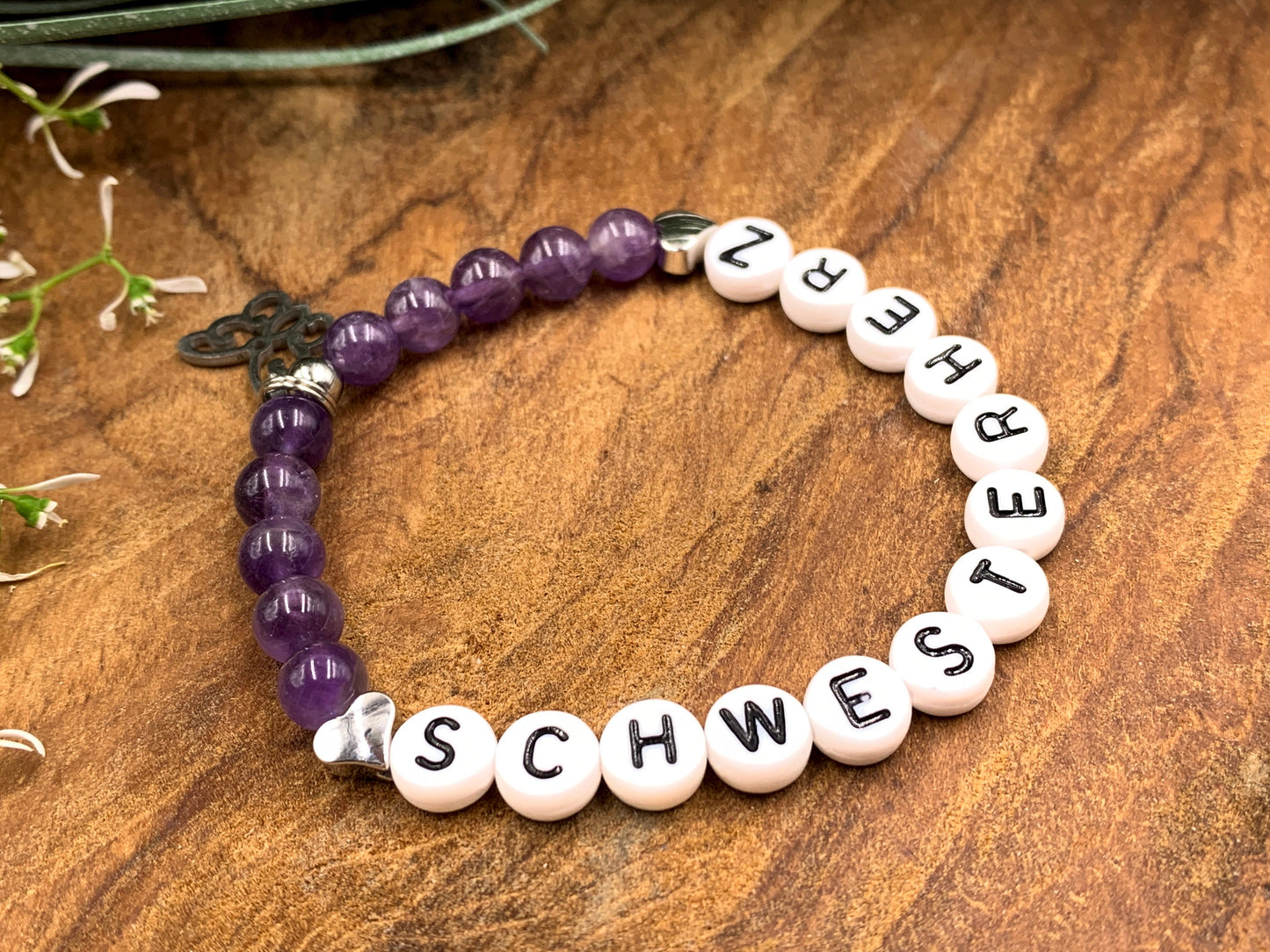 Armband Amethyst Schwesterherz Herzen Messing Platiniert - Geschenk Kleine Schwester Großer Bruder Geburt Geschwisterkind - personalisierbar
