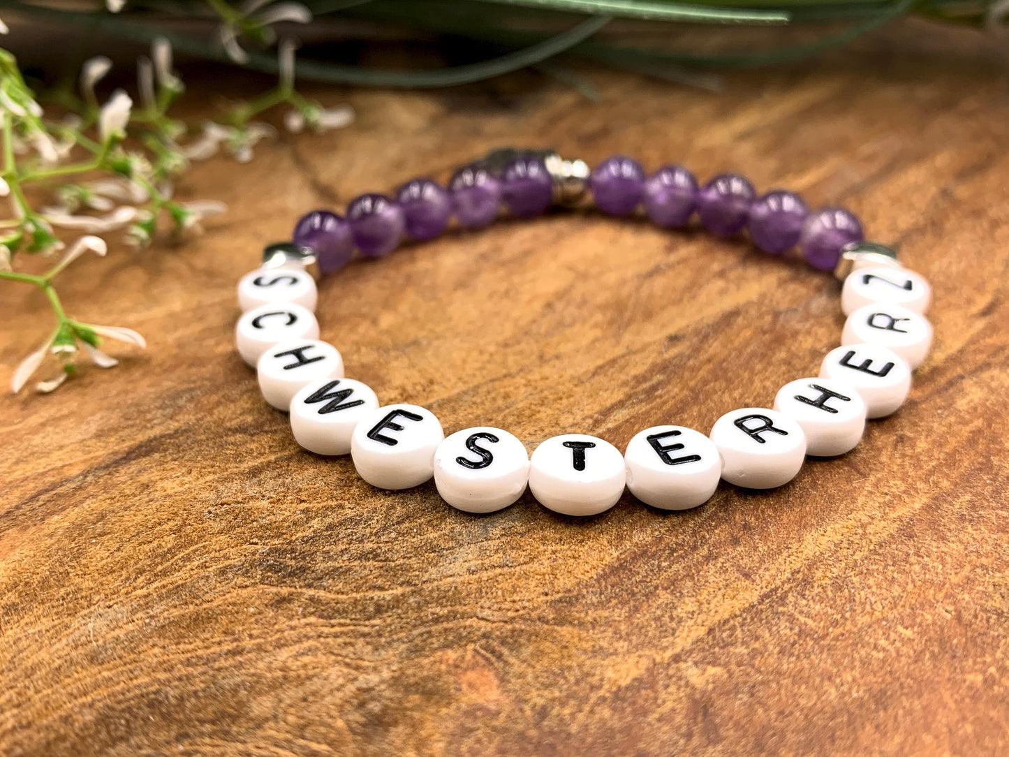 Armband Amethyst Schwesterherz Herzen Messing Platiniert - Geschenk Kleine Schwester Großer Bruder Geburt Geschwisterkind - personalisierbar