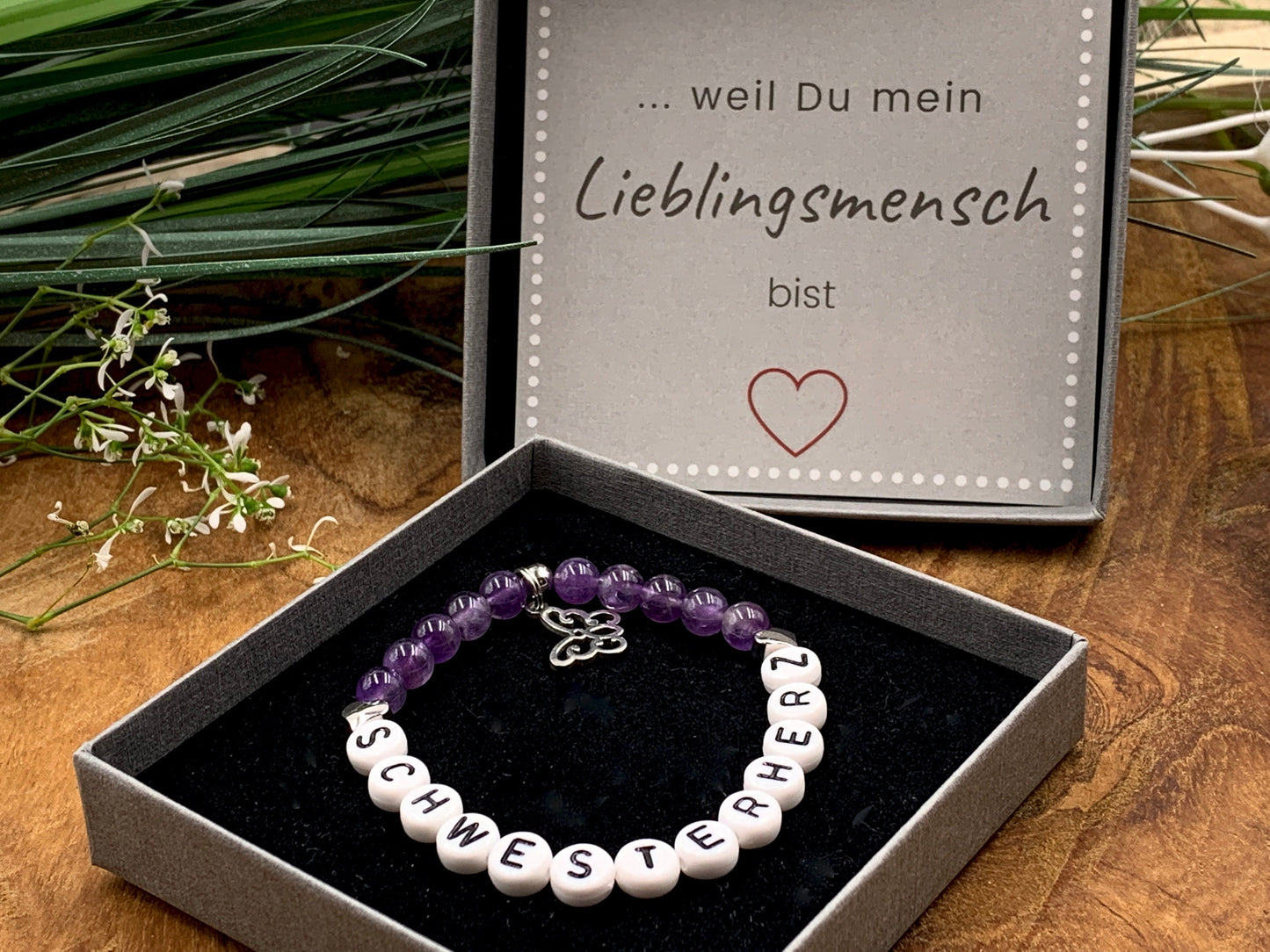 Armband Amethyst Schwesterherz Herzen Messing Platiniert - Geschenk Kleine Schwester Großer Bruder Geburt Geschwisterkind - personalisierbar
