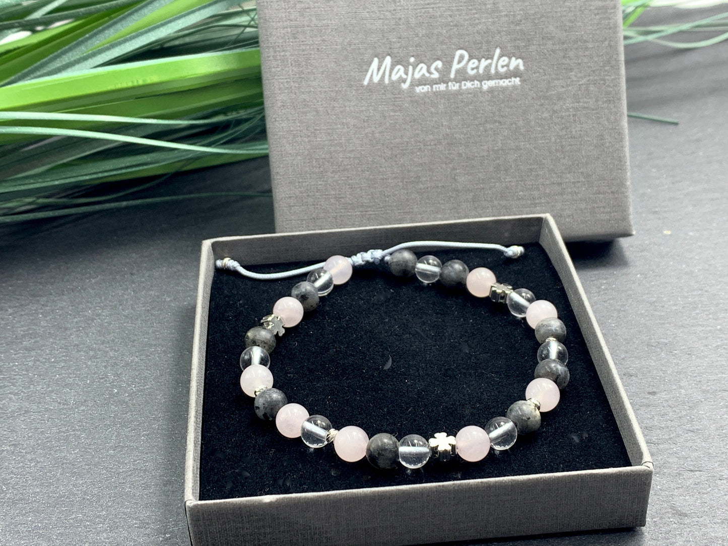 Armband Bergkristall Rosenquarz Labradorit Glücksklee - Schmuck Wohlbefinden positive Energie Optimismus - Geschenk Lieblingsmensch Freundin