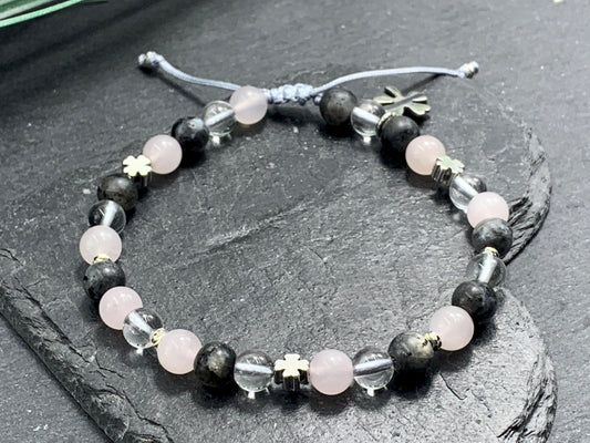Armband Bergkristall Rosenquarz Labradorit Glücksklee - Schmuck Wohlbefinden positive Energie Optimismus - Geschenk Lieblingsmensch Freundin