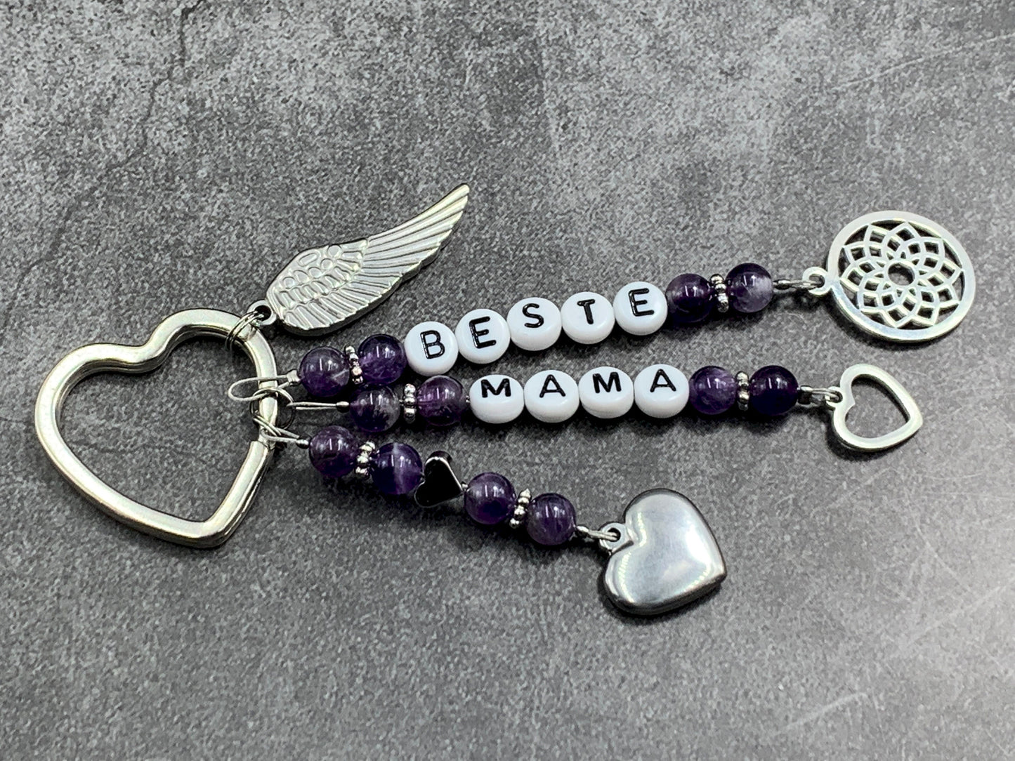 Schlüsselanhänger Beste Mama Amethyst echter Naturstein - Geschenk Mama Tante Oma Geburt Liebe - viele Edelsteine - personalisierbar