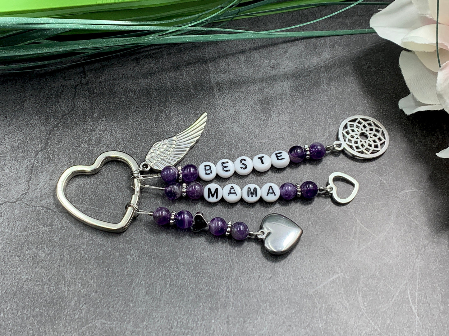 Schlüsselanhänger Beste Mama Amethyst echter Naturstein - Geschenk Mama Tante Oma Geburt Liebe - viele Edelsteine - personalisierbar