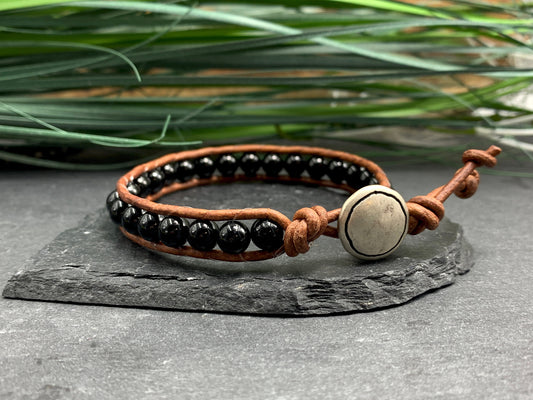 Wickelarmband Turmalin schwarz Vintagestill - Bohoarmband Festivalstil - viele Edelsteine möglich - Geschenk Perlenarmband Damen Herren