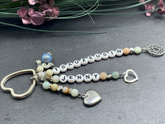Schlüsselanhänger Trauzeugin und Name Amazonit Herzen Platiniert  - Geschenk Brautjungfer Team Braut - Edelstein wählbar - personalisierbar