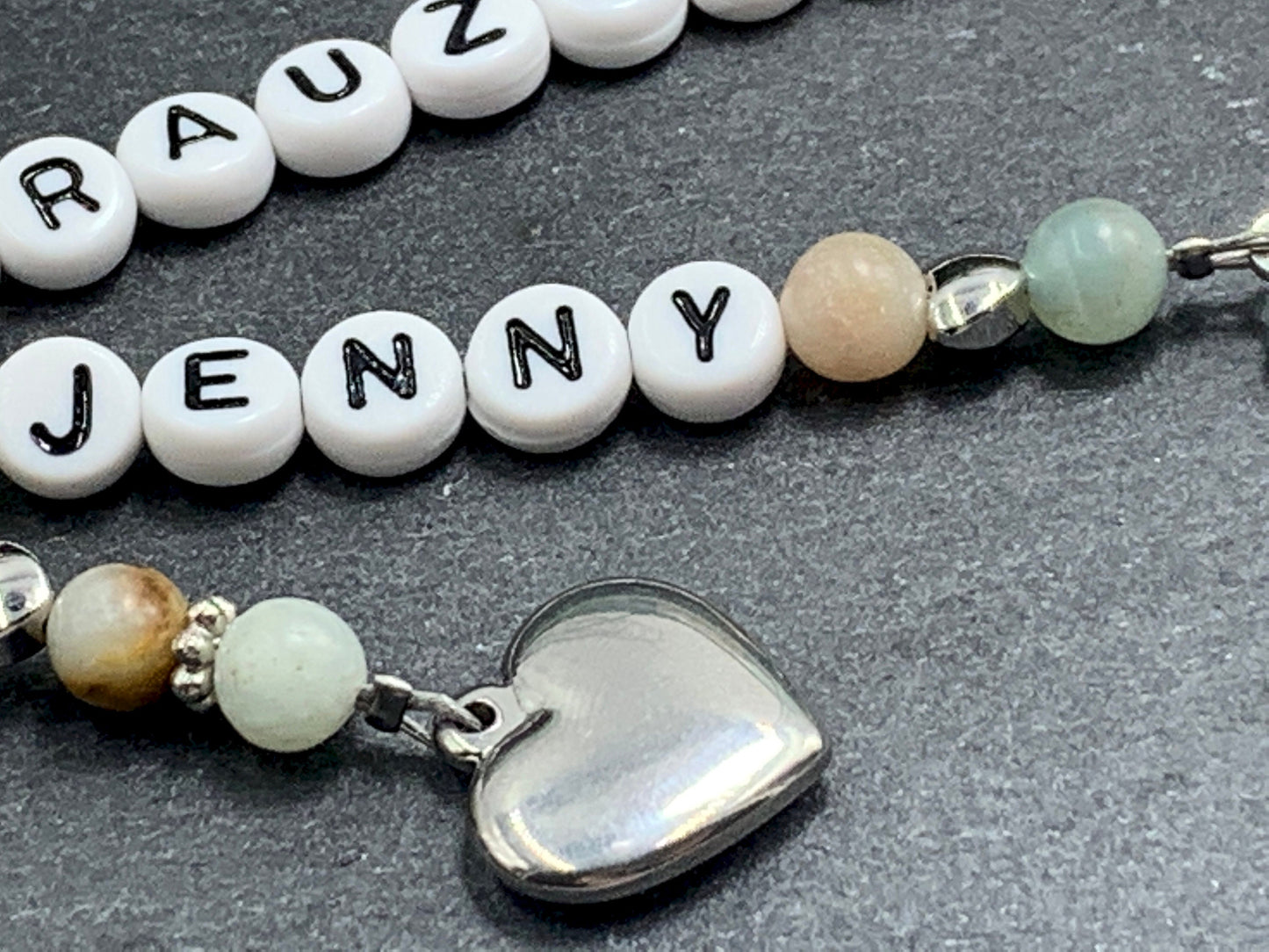 Schlüsselanhänger Trauzeugin und Name Amazonit Herzen Platiniert  - Geschenk Brautjungfer Team Braut - Edelstein wählbar - personalisierbar