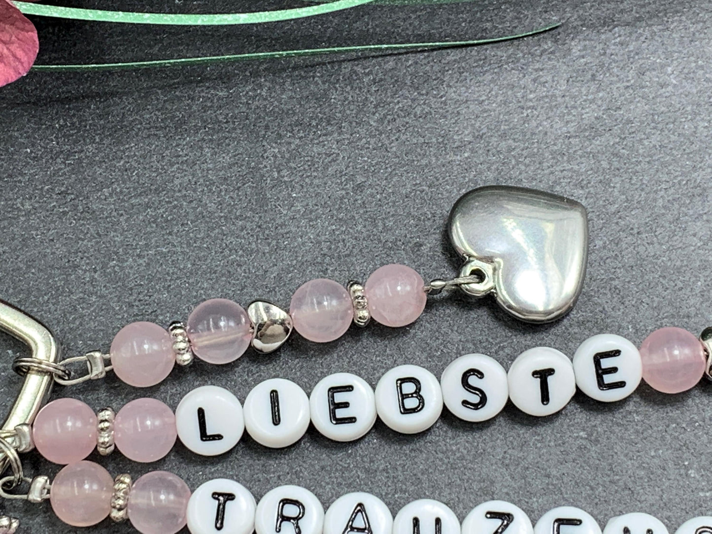 Schlüsselanhänger Liebste Trauzeugin Rosenquarz Herzen Platiniert  - Geschenk Brautjungfer Team Braut - Edelstein wählbar - personalisierbar