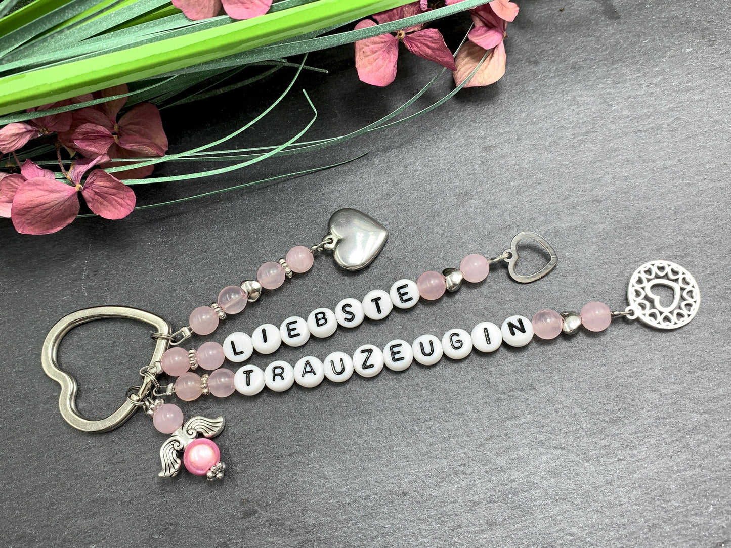 Schlüsselanhänger Liebste Trauzeugin Rosenquarz Herzen Platiniert  - Geschenk Brautjungfer Team Braut - Edelstein wählbar - personalisierbar
