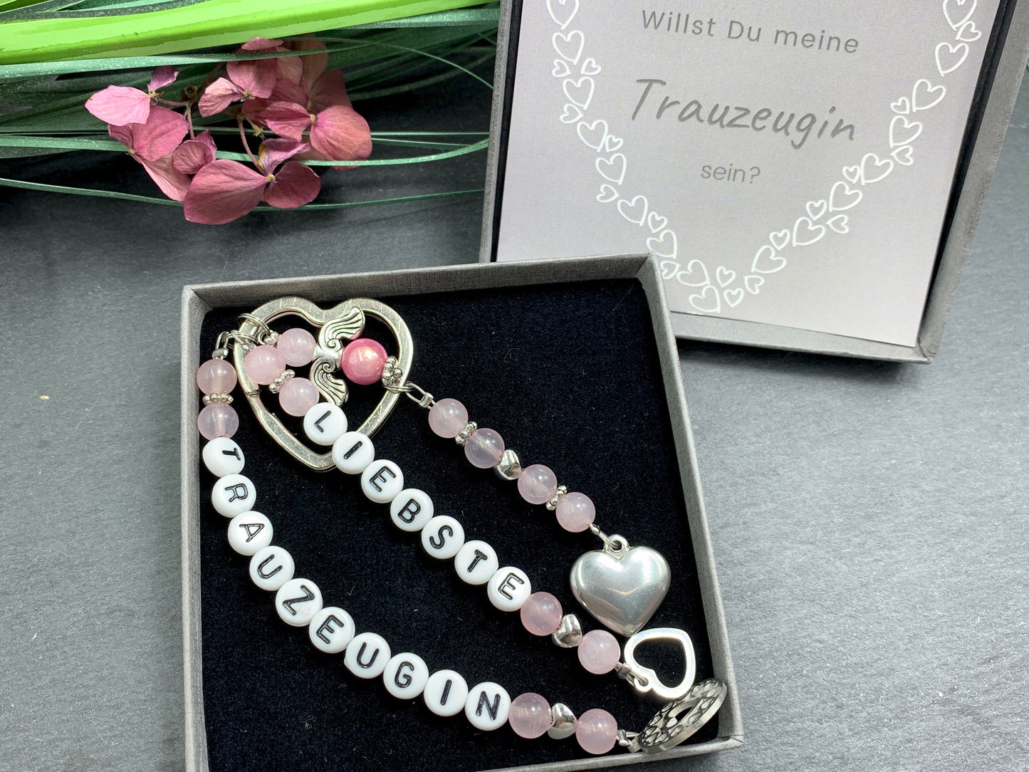 Schlüsselanhänger Liebste Trauzeugin Rosenquarz Herzen Platiniert  - Geschenk Brautjungfer Team Braut - Edelstein wählbar - personalisierbar