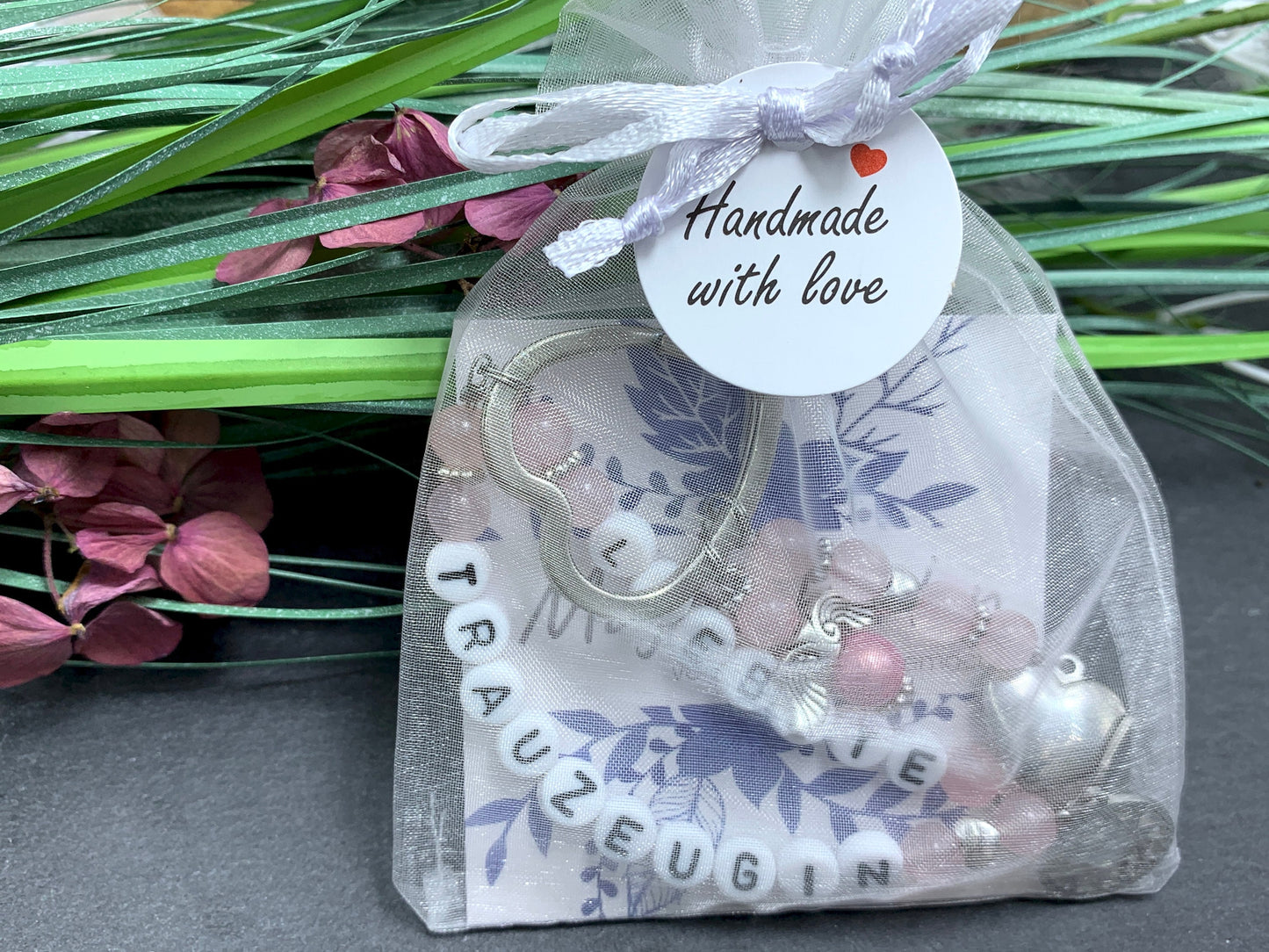 Schlüsselanhänger Liebste Trauzeugin Rosenquarz Herzen Platiniert  - Geschenk Brautjungfer Team Braut - Edelstein wählbar - personalisierbar